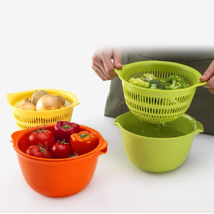 日本制造inomata双层沥水篮盆镂空厨房塑料水果洗菜篮子筐圆形