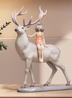 原创雕塑《梦鹿》女孩鹿摆件