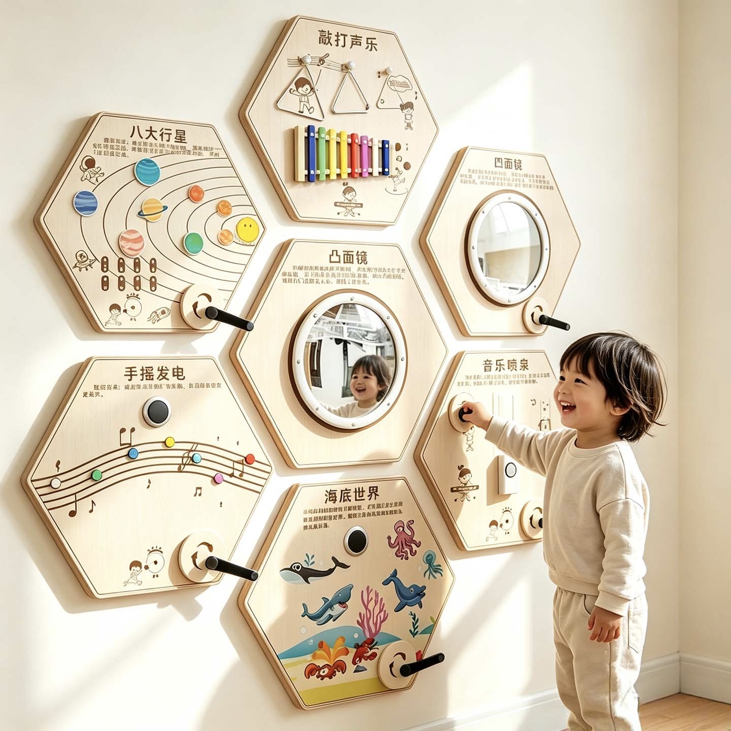 幼儿园科技墙板六边形互动探索