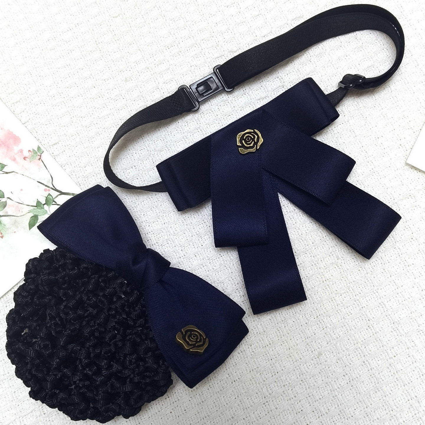 深蓝色职业领结女银行制服蝴蝶结空姐行政酒店网兜领花头花套装