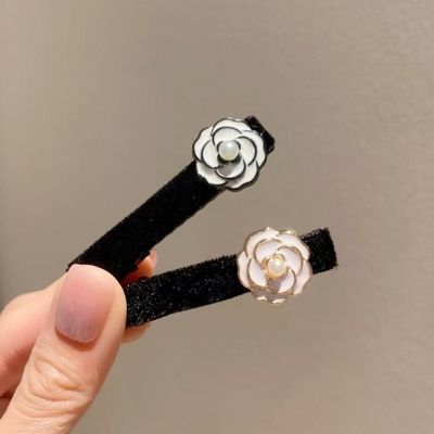 小香风山茶花发夹女珍珠丝绒一字夹法式复古发卡侧面刘海边夹对夹