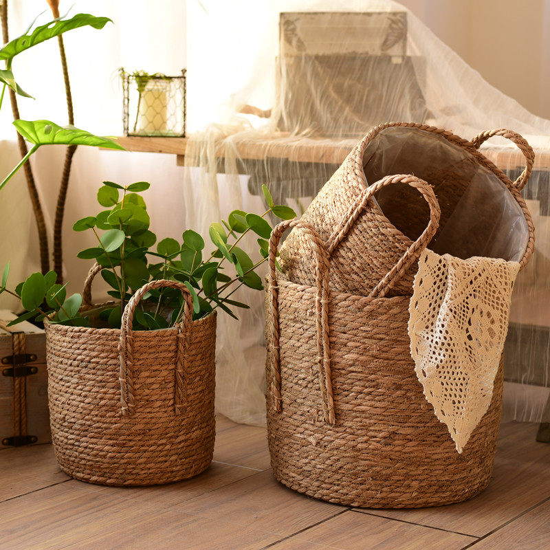 天然草编收纳筐田园手工编织装饰花篮套盆家用零食杂物筐花园摆件