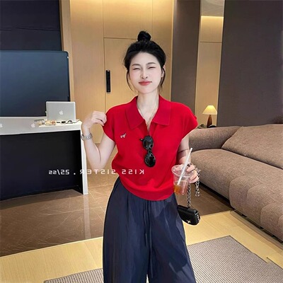 韩系红色polo领刺绣短袖t恤女夏季高级感薄款冰丝针织1/4吋套筒扳
