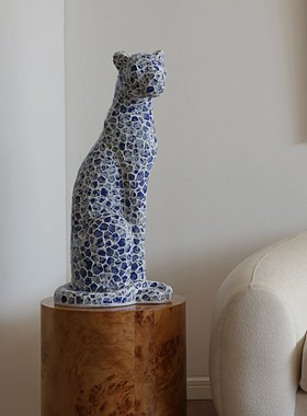 形上《豹富》法式中国风摆件手工青花贴片M豹子玄关客厅开运雕塑