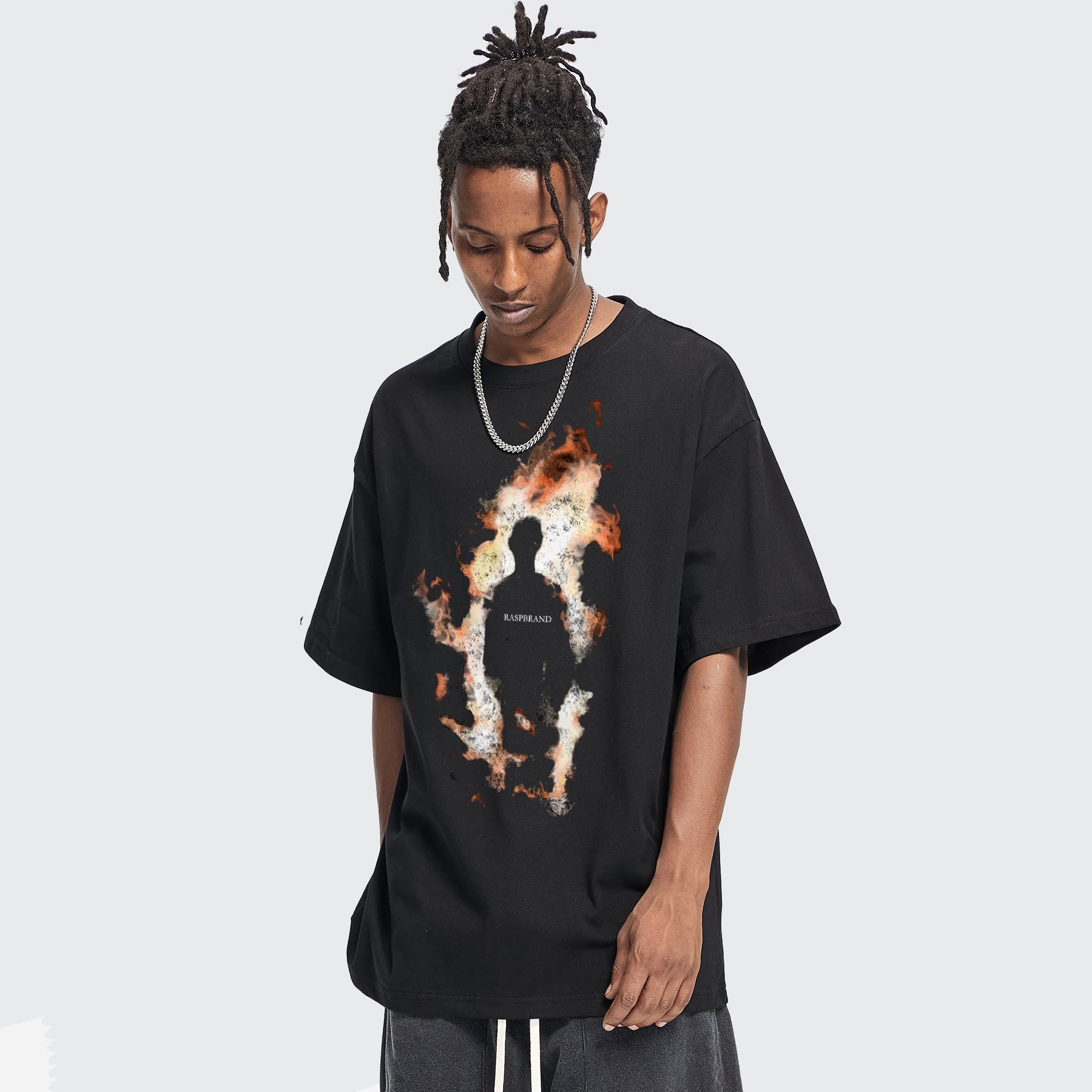 rasp火焰人像数码印花短袖美式高街嘻哈情侣装t恤国潮男女上衣夏