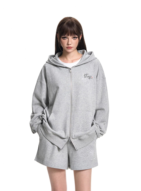 RASP灰色卫衣女春季美式重磅高街外套拉链开衫宽松连帽上衣潮