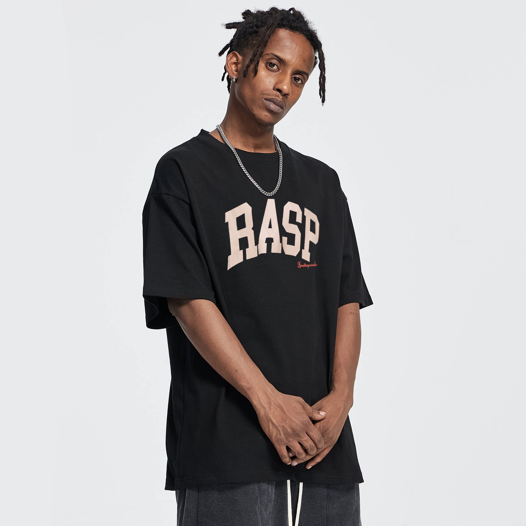 rasp夏季新款品牌logo纯色圆领短袖t恤潮流青年字母印花落肩上衣