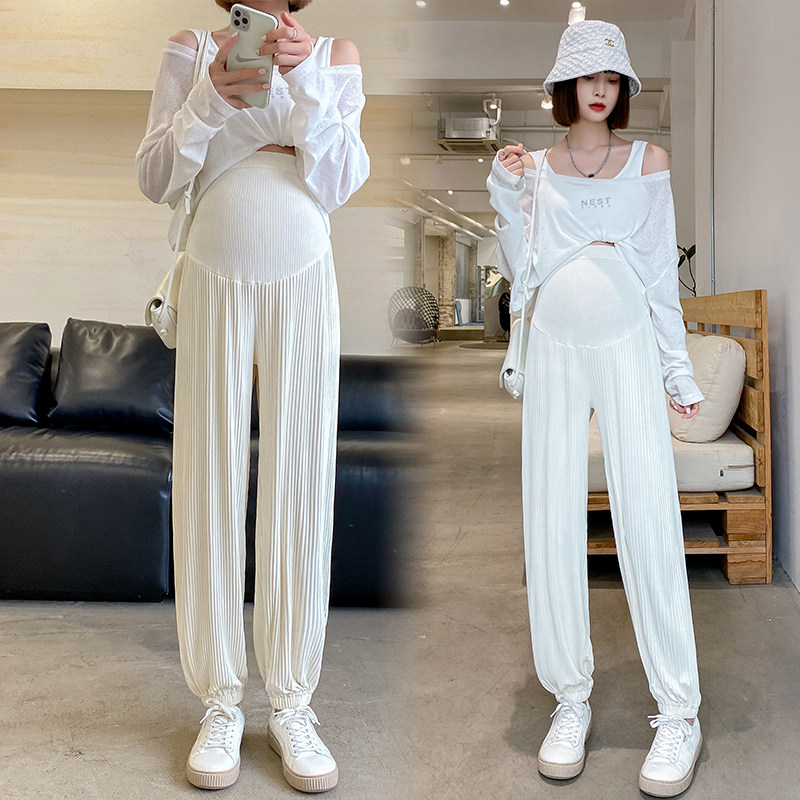 孕妇裤子女薄款夏装新款休闲百搭百褶凉凉裤束脚托腹裤长裤冰丝裤