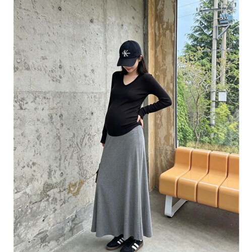 孕妇半身裙秋季高腰托腹垂感大摆长裙宽松遮肚显瘦孕妈休闲裙子