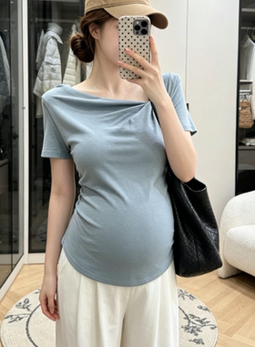 小个子孕妇装夏季新款时尚百搭显瘦设计感一字肩短袖T恤衫外穿