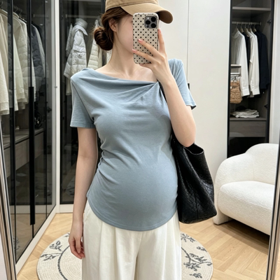 小个子孕妇装夏季新款时尚百搭显瘦设计感一字肩短袖T恤衫外穿