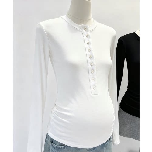 纯棉孕妇装2025秋冬新款半开领长袖t恤内搭打底衫哺乳衣开扣上衣