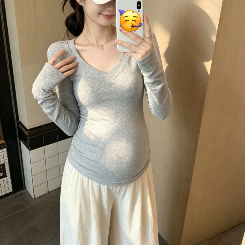 孕妇V领长袖T恤秋冬新款修身显瘦百搭内搭打底上衣