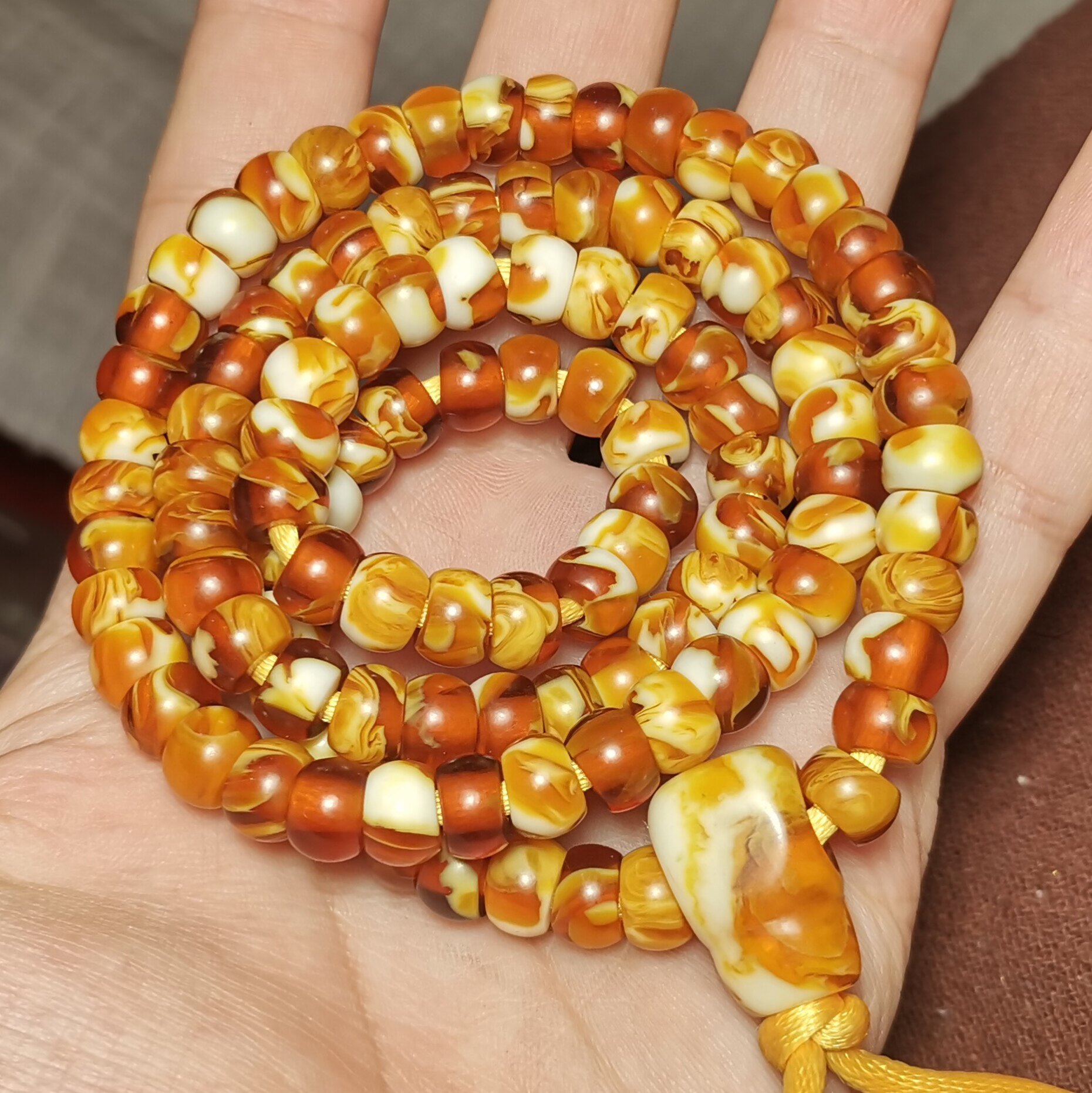 古玩珠8mm花蜡黄色料器树脂锁骨链手链手持念珠随身佩戴挂件佛珠