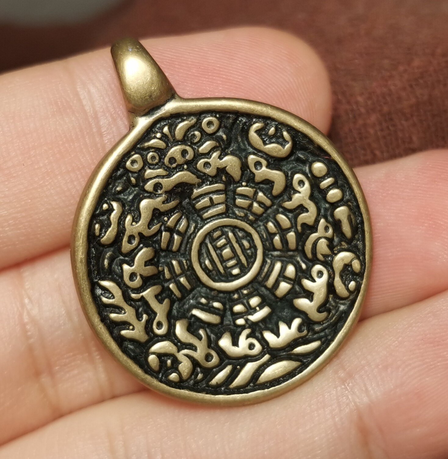 牧区古玩28mm紫铜老款式复刻版猪鼻九宫八卦牌挂件吊坠随身腰牌款