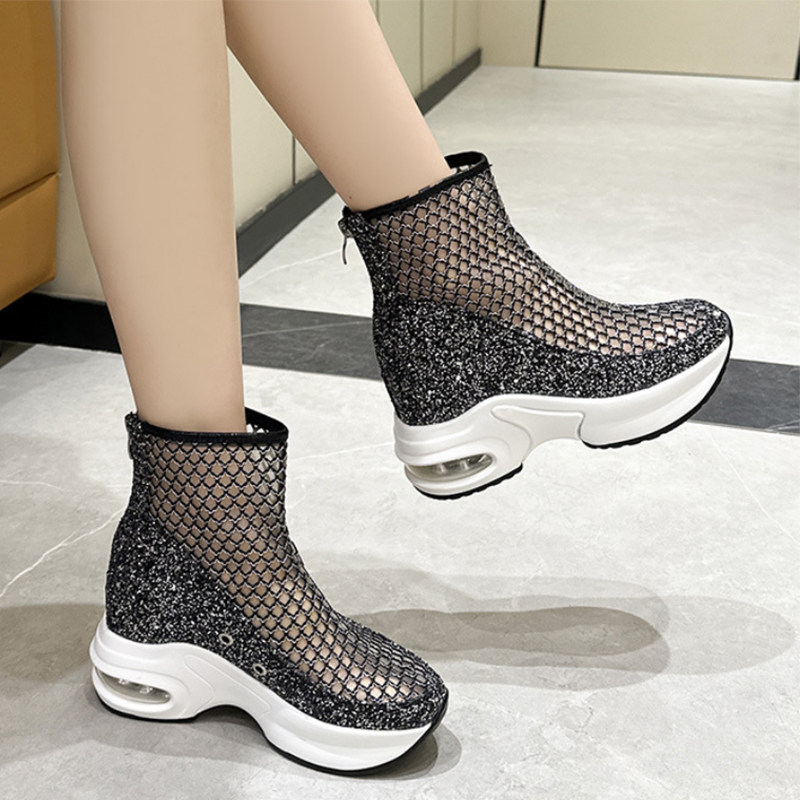 内增高网纱短靴女2026夏季高跟凉鞋小个子透气时尚百搭休闲马丁靴