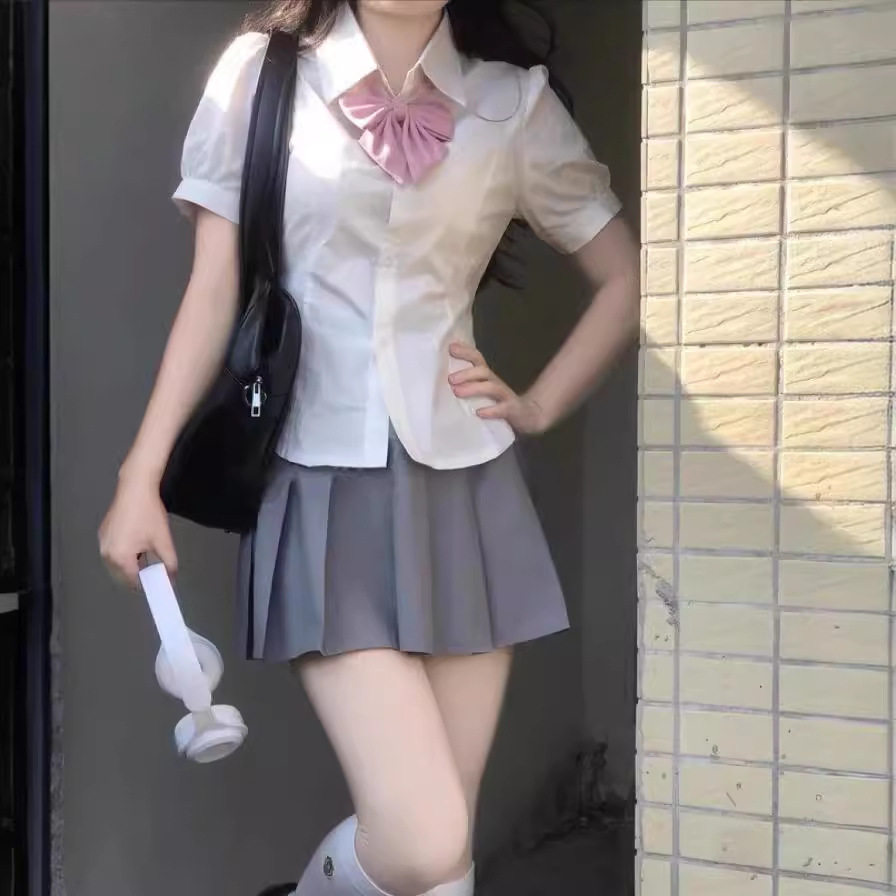 JK制服衬衫上衣女短袖原创夏季学院风收腰泡泡袖白色衬衣辣妹上衣
