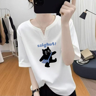 2025夏季新款白色纯棉正肩短袖T恤女基础款时尚减龄百搭V领上衣潮