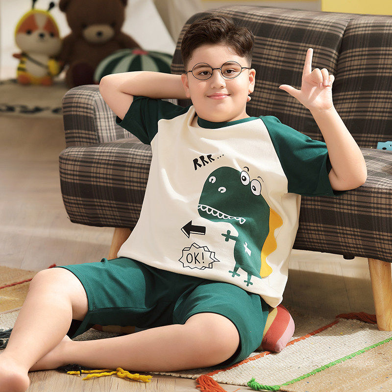短袖加大男孩胖童夏季加肥中大童男童家居服套装薄宽松胖睡衣纯棉
