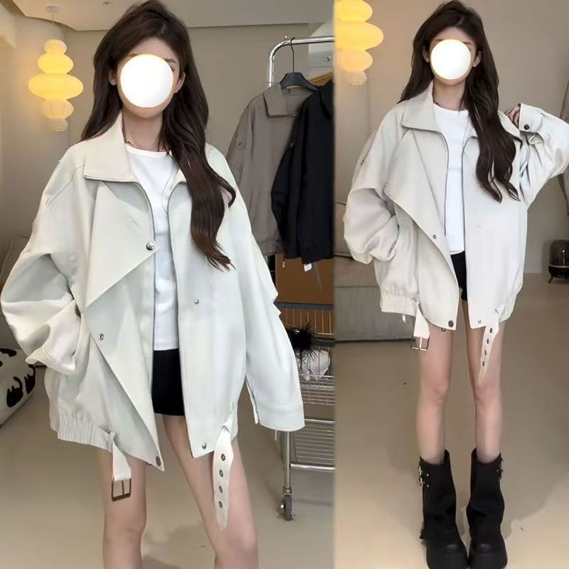 复古翻领廓形夹克女短款
