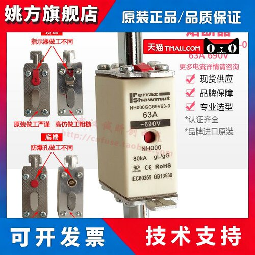法国ferraz shawmut熔断器NH000GG69V63 690V 63A陶瓷保险管