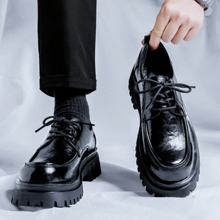 厚底增高5cm大头皮鞋男士黑色英伦风真皮德比鞋商务通勤新郎鞋