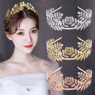 圣母巴洛克复古手工月桂发箍橄榄金色叶皇冠新娘头冠X森系结婚头