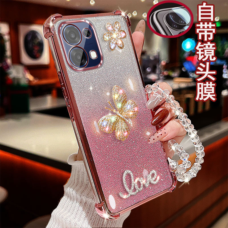 适用OPPO A6手机壳四角气囊透明闪粉镶钻蝴蝶带镜头膜全包边电镀女款软硅胶防摔保护套时尚网红奢华
