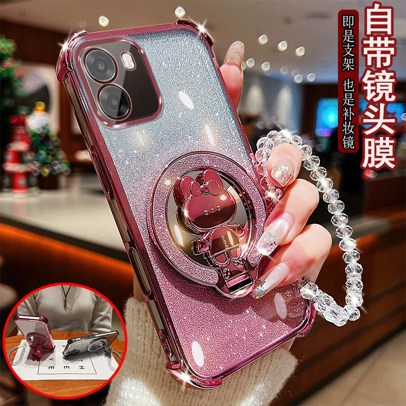 适用oppo A6s手机壳A6i+透明PLT120四角防撞气囊防摔镜头膜全包边保护套女款迷你小兔子支架化妆镜子网红奢华