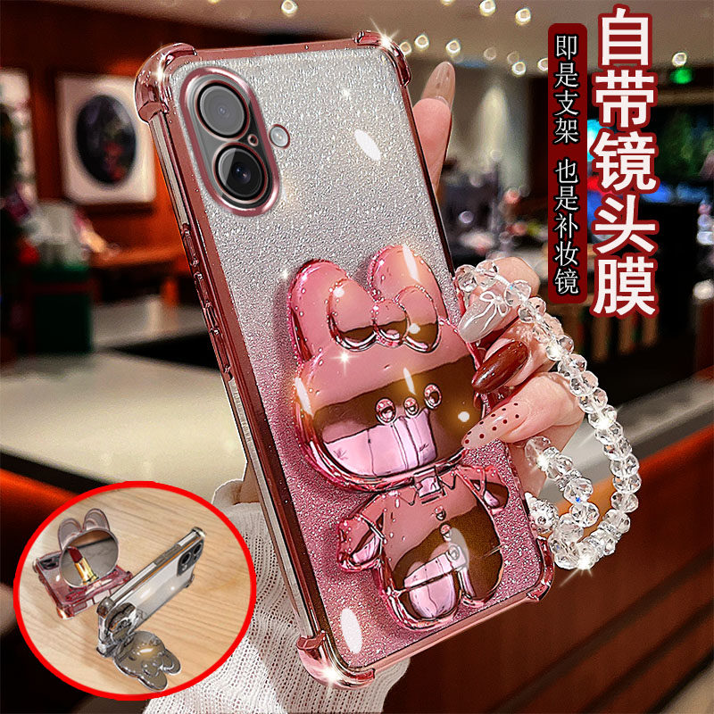 新品适用苹果17手机壳pro透明proMax四角Plus气囊防摔自带镜头膜全包保护套女款小兔支架补妆镜子软胶网红