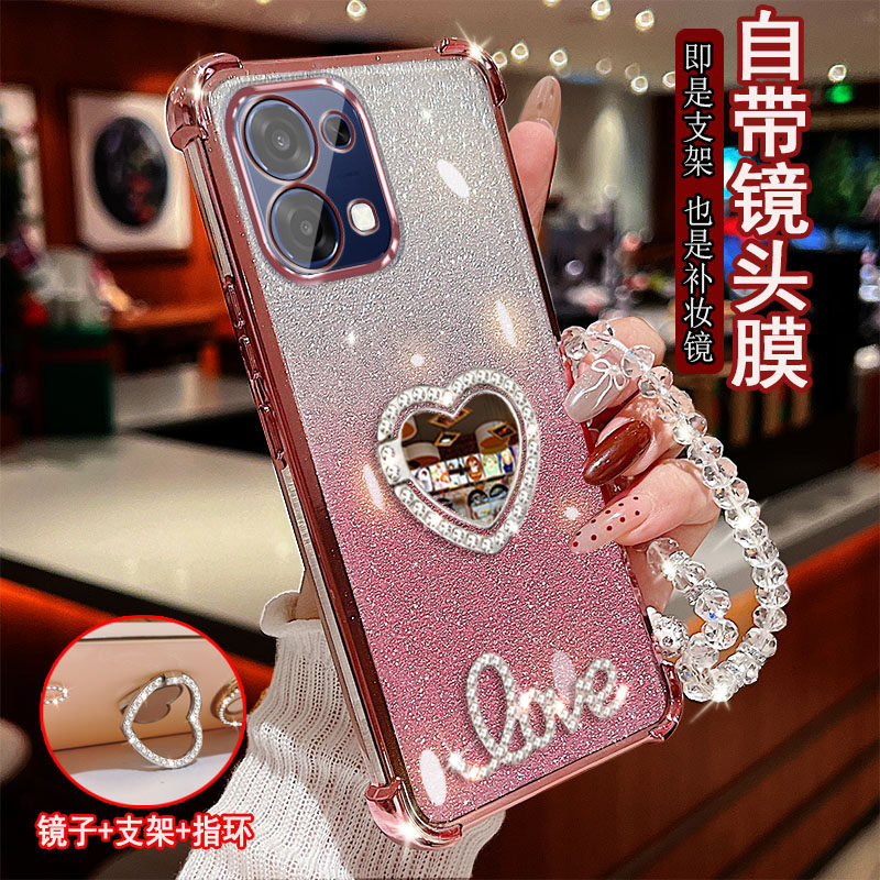 适用OPPO A6手机壳镶钻LOVE字母镜子指环旋转支架5G保护套荣耀防摔软硅胶镜头全包边女款四角气囊