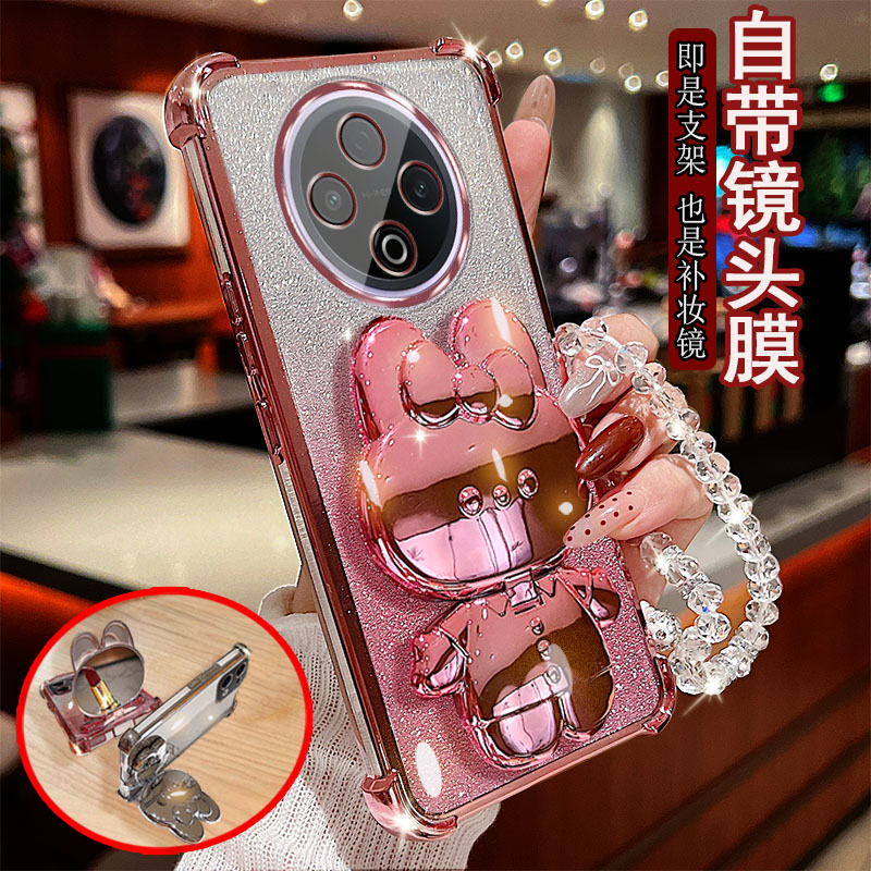适用vivo y500手机壳透明四角气囊防摔防撞带镜头膜全包边保护套女款可爱小兔支架镜子新品软胶