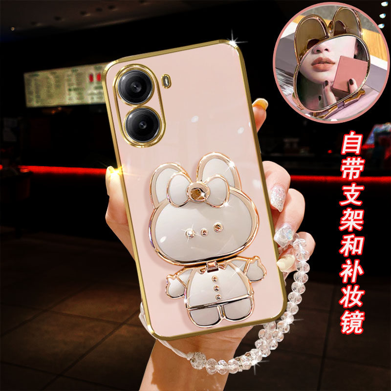 适用小米红米turbo4手机壳5G卡通小兔化妆镜子桌面支架横竖支撑直边电镀防摔时尚奢华保护套手链软胶镜头全包