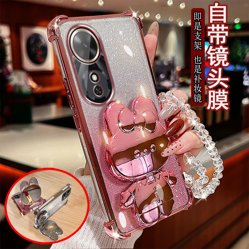 适用荣耀畅玩60手机壳透明5G四角气囊华为NIC-AN00防摔自带镜头膜全包保护套女新款小兔支架补妆镜子软胶奢华