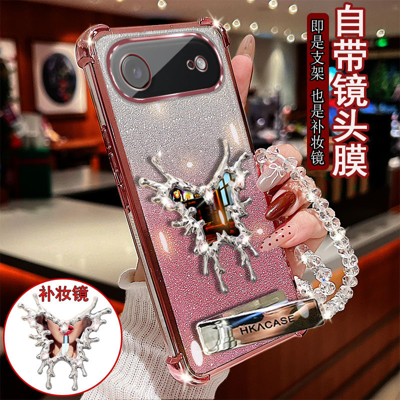 适用苹果17Air手机壳透明四角防撞气囊防摔镜头膜全包边保护套女款带魔镜支架镜子新品奢华网红时尚