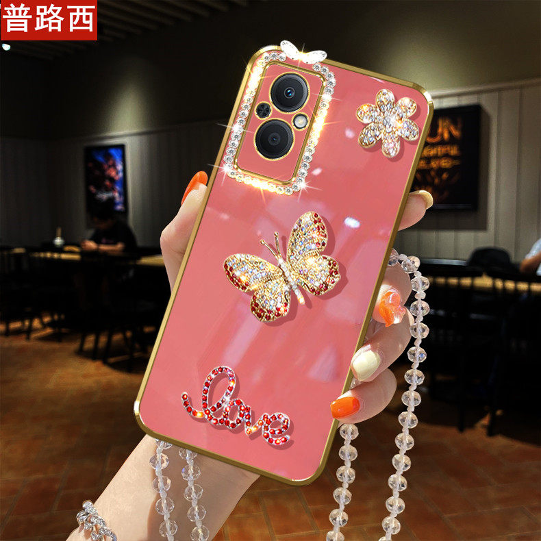 新品适用OPPO A96手机壳闪镶钻Love蝴蝶花朵全包镜头框挂绳链子PFUM10女款软胶防摔潮流网红时尚保护套