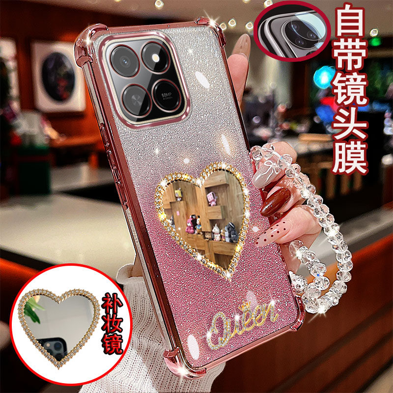 适用荣耀畅玩80pro手机壳400Smart镜头LOG-AN10全包LGN-NX1镶钻爱心镜子四角气囊防摔保护套女新款透明软硅胶