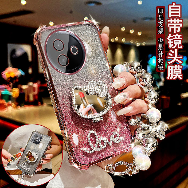 适用于vivo Y300i手机壳V2444A四角气囊防摔套闪钻KT猫支架镜子镜头全包边网红女款时尚奢华潮流新款四角加厚