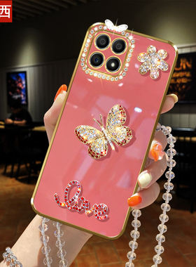 适用华为荣耀x30i手机壳闪水镶钻honor花朵蝴蝶max挂绳X30链子TFY-AN00女款防摔软KKG-AN70硅胶奢华ANY保护套