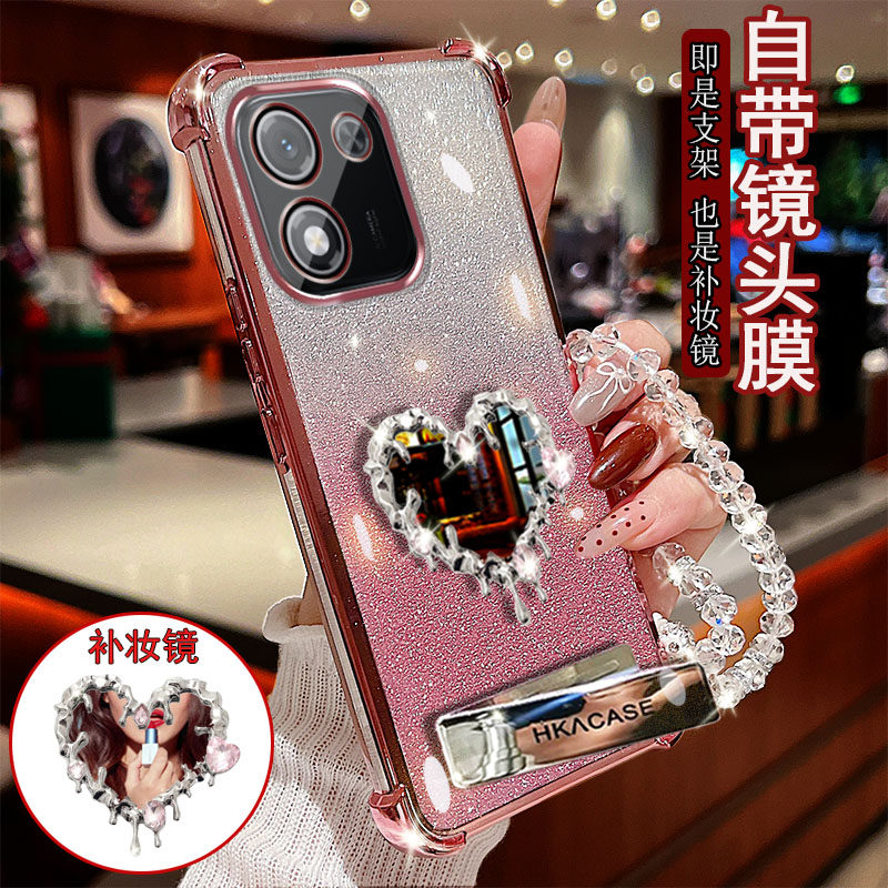 适用于荣耀X70i手机壳透明四角防撞气囊防摔镜头膜全包边保护套女款水滴爱心补妆镜子支架新品奢华