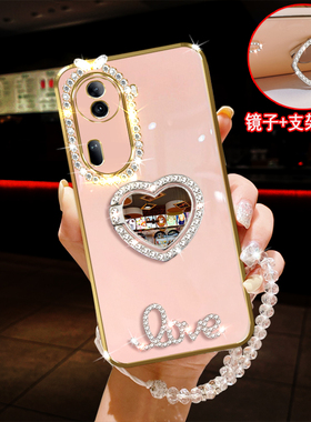 适用oppo reno11手机壳5G镶钻LOVE字母pro镜子指环360旋转支架PJH110旋转PJJ110保护壳防摔软胶镜头全包女款
