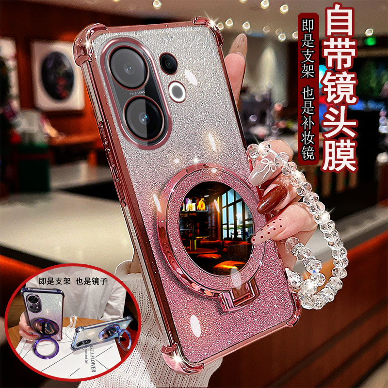 适用vivo s30手机壳promini透明四角防撞气囊防摔镜头vivo膜全包边保护套女款带圆形支架镜子新品奢华网红