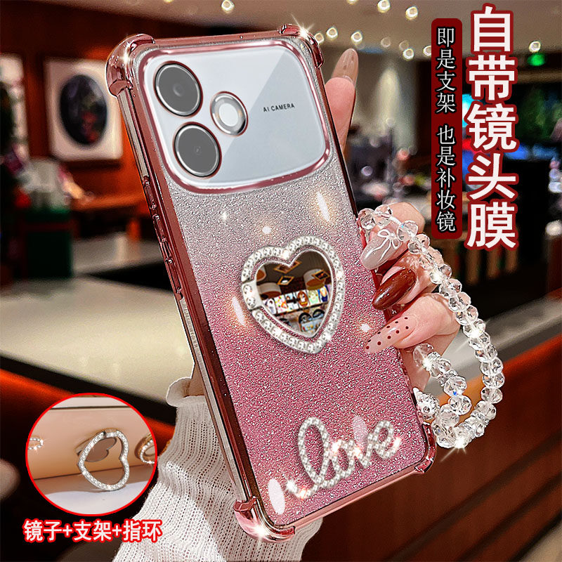 适用oppo A6Spro手机壳PMT110镶钻LOVE字母镜子指环旋转支架保护套防摔保护套软硅胶镜头全包边女款奢华潮流