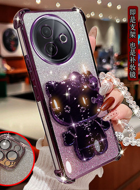 新品适用vivo y300i手机壳透明5G四角气囊vivoy300i防摔V2444A镜头膜全包边保护套女款小猫支架镜子软胶创意