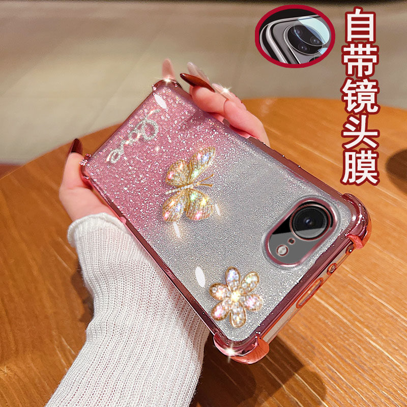适用苹果16e手机壳5G四角气囊iphone透明闪粉镶钻l立体水钻蝴蝶带镜头膜全包边女款软硅胶防摔保护套时尚高级