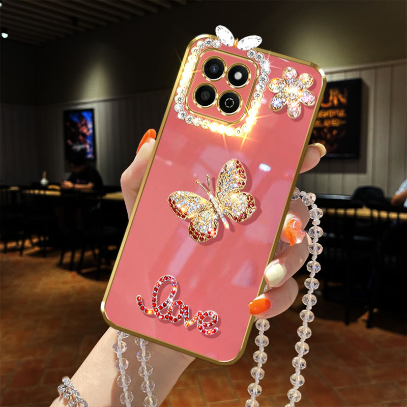 适用honor荣耀畅玩60plus手机壳闪镶钻奢华蝴蝶镜头全包直边电镀水晶挂绳链子女款软硅胶防摔保护套时尚新品