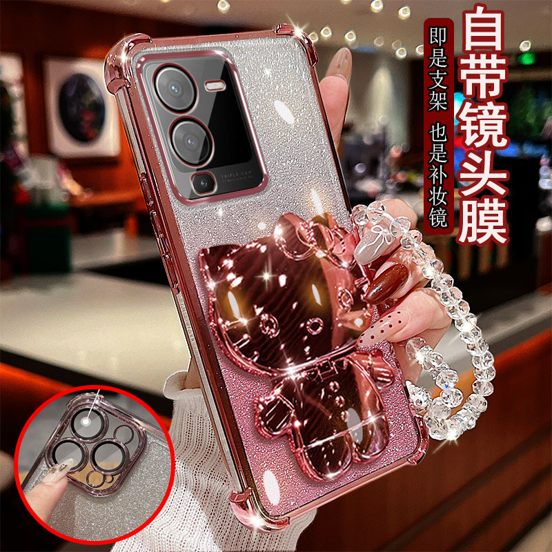 适用vivo s15手机壳E透明pro气囊防摔V2203A一体镜头膜全包边保护套女士新款小猫支架带镜子软硅胶可爱网红
