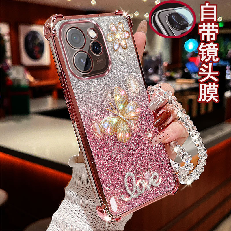 适用OPPO Reno15手机壳pro四角PCAM10气囊PCAT10透明闪粉镶钻蝴蝶带镜头膜全包边电镀女款软硅胶防摔保护套