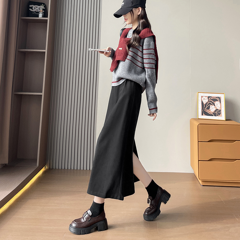 开叉中长裙小个子直筒裙极简风