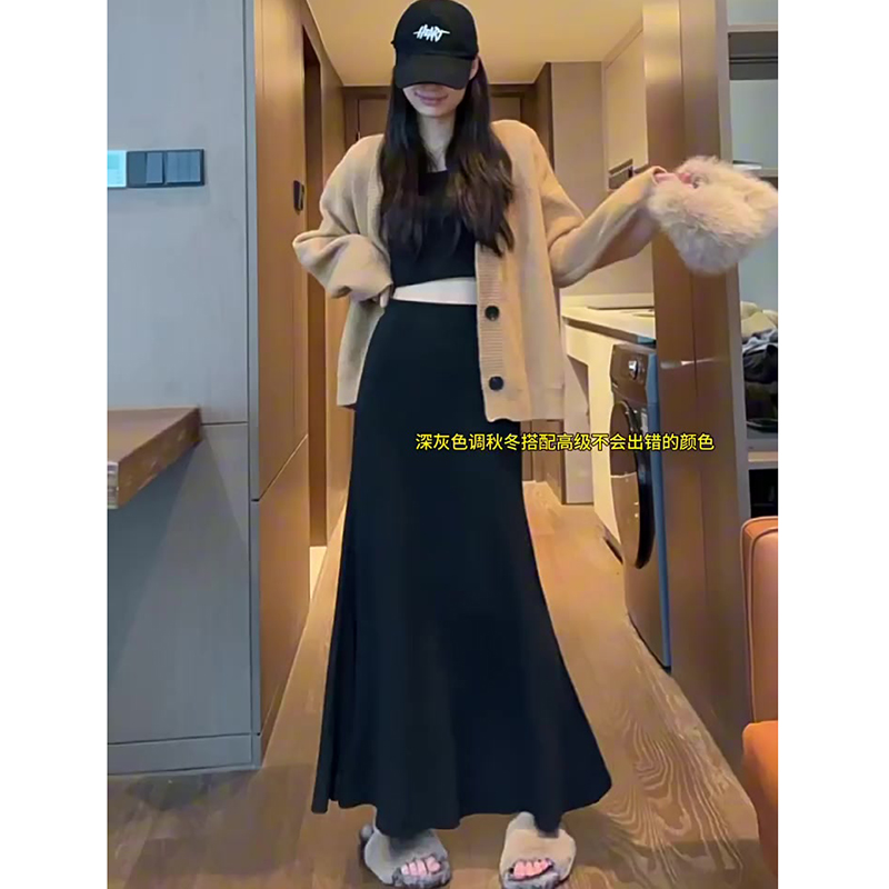 黑色羊绒针织半身裙女秋冬季遮肉显瘦包臀鱼尾裙气质百搭宽松长裙